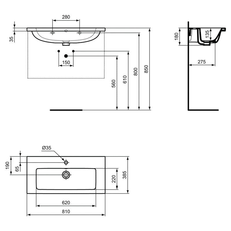 Ideal Standard i.life S Compact Vanity Basin 1 Tap Hole