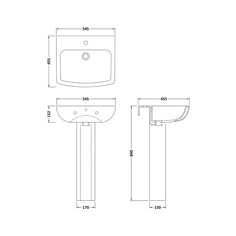 nuie Ava Basin and Pedestal 545mm 1 Tap Hole