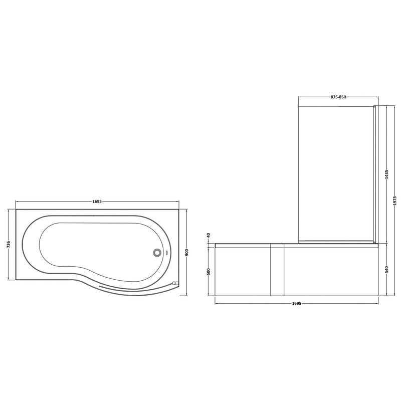 nuie B Shaped Shower Bath with Panel and Leg Se Right Hand