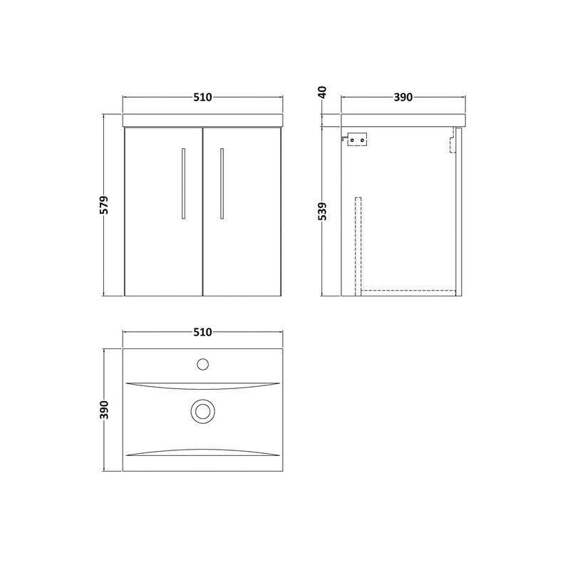 nuie Arno Double Door Wall Hung Vanity Unit Charcoal Black 500mm With Standard Basin