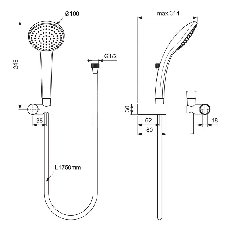 Ideal Standard IdealRain Pro M3 Single Spray Fixed Wall Bracket Shower Kit Chrome