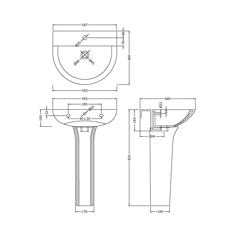 nuie Freya Basin and Pedestal 560mm 1 Tap Hole