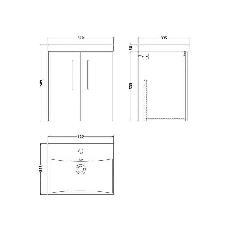 nuie Arno Double Door Wall Hung Vanity Unit Solace Oak 500mm With Slim Edge Basin