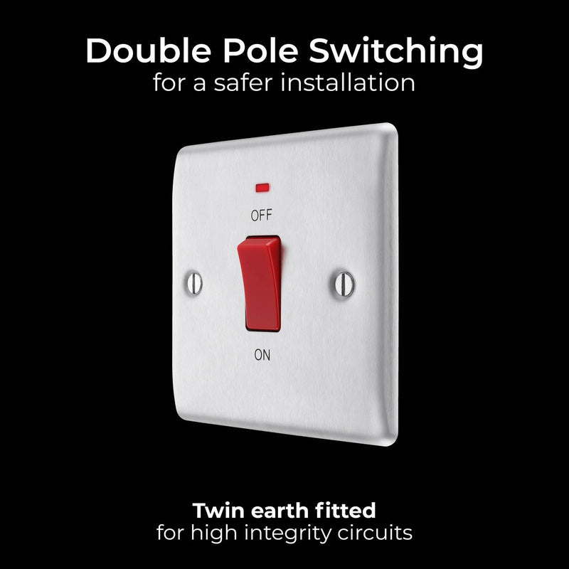 BG Nexus Metal Brushed Steel 45A Square Double Pole Switch 1 Gang + Neon