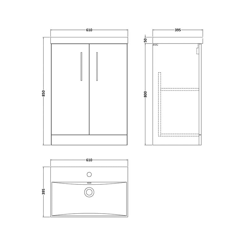 nuie Arno Double Door Floor Standing Vanity Unit Satin Grey 600mm With Minimalist Basin