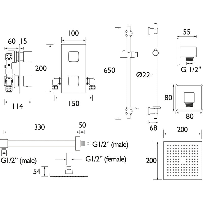 Bristan Cobalt Thermostatic Concealed Diverter Mixer Shower With Riser Kit
