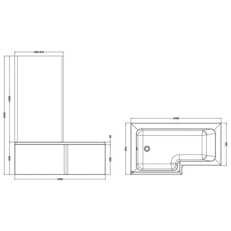 nuie L Shaped Shower Bath with Panel and Leg Set Left Hand