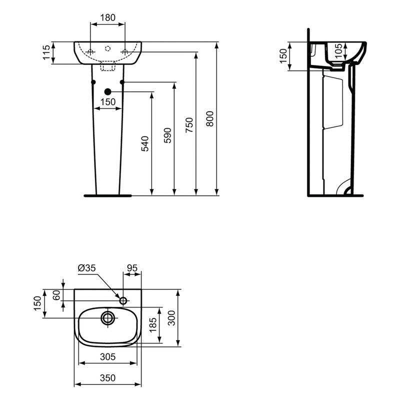 Ideal Standard i.life Cloakroom Basin and Pedestal 1 Tap Hole