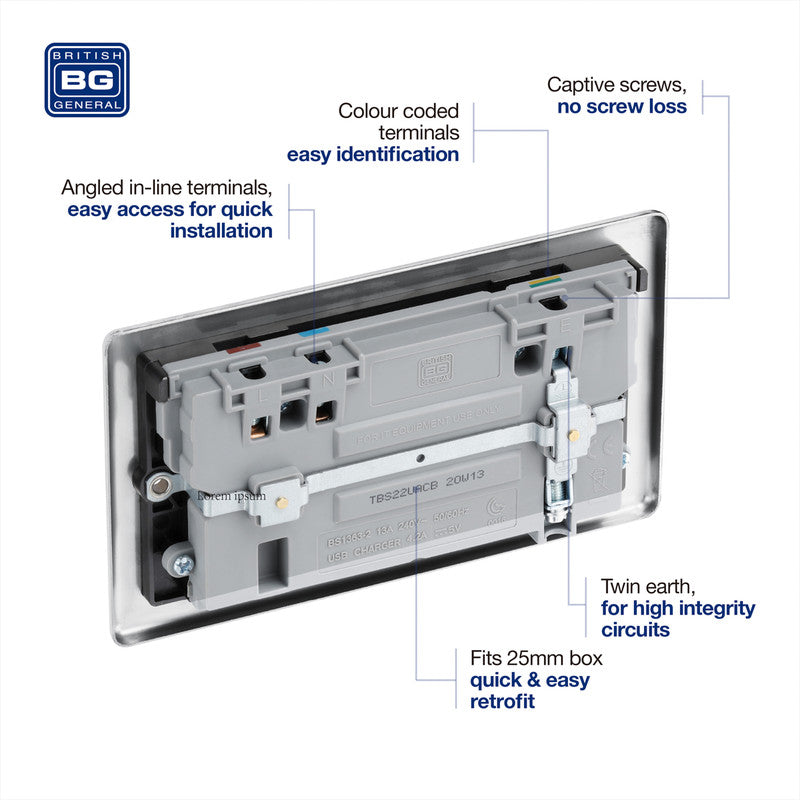 BG Brushed Steel 13A Black Insert Switched Socket + A & C Type USB 2 Gang + 2 USB (4.2A)