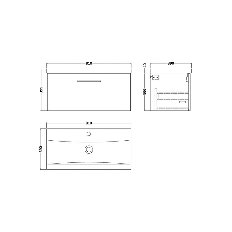 nuie Arno Single Drawer Wall Hung Vanity Unit Soft Black 800mm With Standard Basin