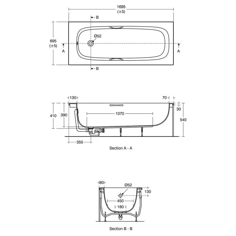 Ideal Standard i.life Single Ended Water Saving Bath 1700mm x 700mm No Tap Holes