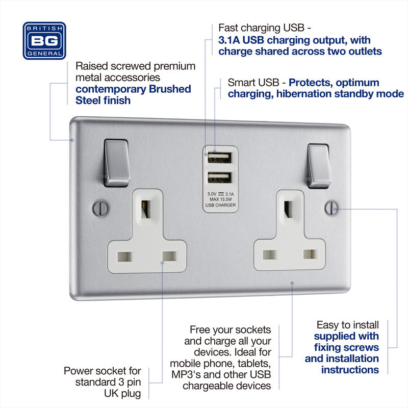 BG Brushed Steel USB 13A White Insert Switched Socket 2 Gang + 2 USB (3.1A)