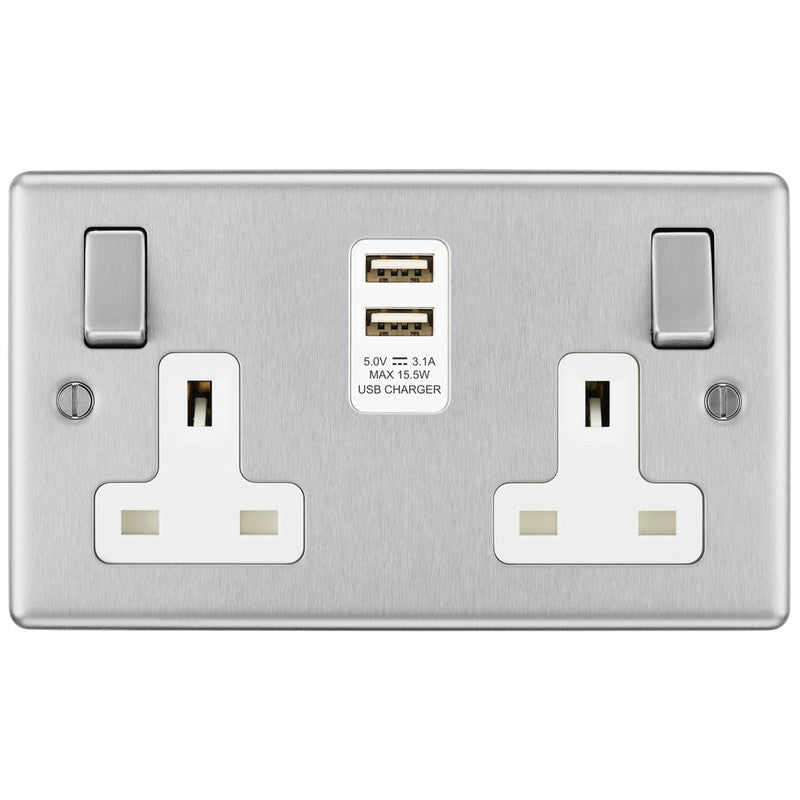 BG Brushed Steel USB 13A White Insert Switched Socket 2 Gang + 2 USB (3.1A)