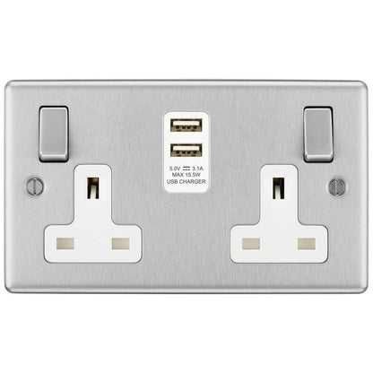 BG Brushed Steel USB 13A White Insert Switched Socket 2 Gang + 2 USB (3.1A)