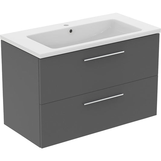 Ideal Standard i.life B Double Drawer Wall Hung Unit with Basin Matt Quartz Grey with Brushed Chrome Handles