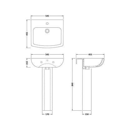 nuie Ava Basin and Pedestal 545mm 1 Tap Hole