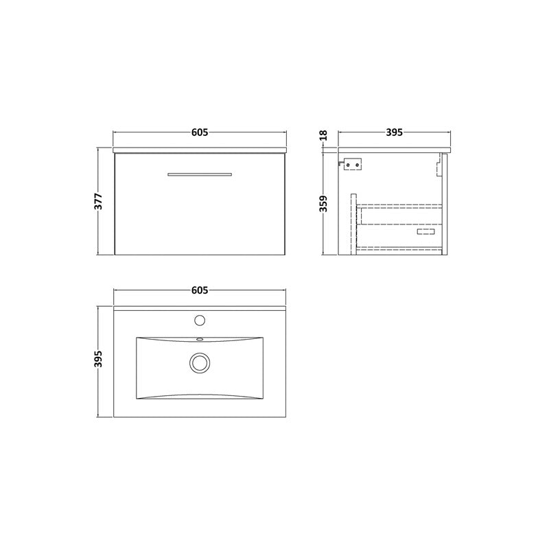 nuie Arno Single Drawer Wall Hung Vanity Unit Bleached Oak 600mm With Slim Edge Basin