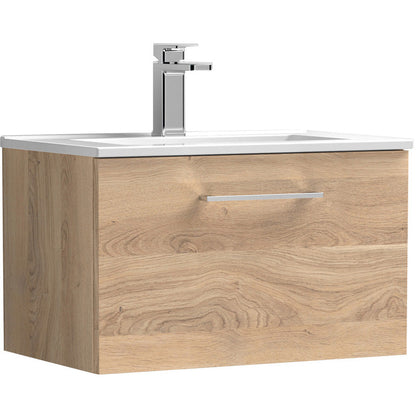 nuie Arno Single Drawer Wall Hung Vanity Unit Bleached Oak 600mm With Minimalist Basin
