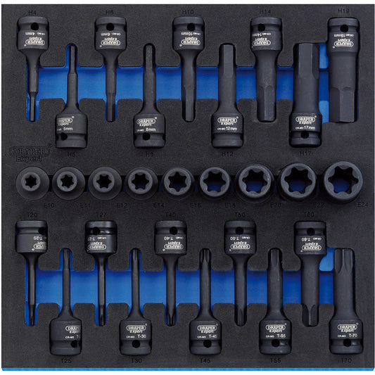 Draper TX-STAR Impact & Hex Socket Set in 1/2 Drawer EVA Insert Tray, 1/2" Sq. Dr. 28 Piece