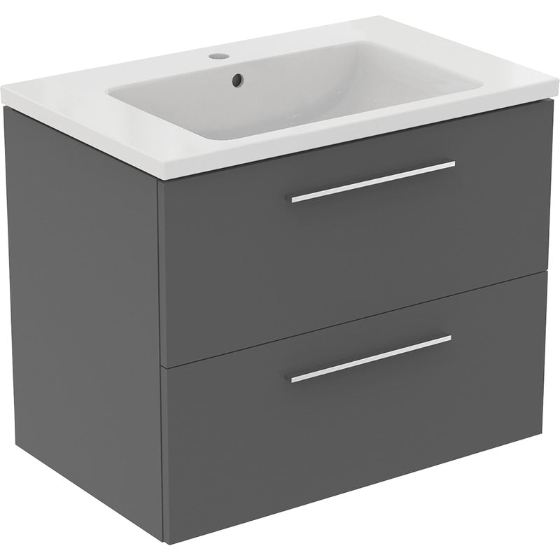 Ideal Standard i.life B Double Drawer Wall Hung Unit with Basin Matt Quartz Grey with Brushed Chrome Handles