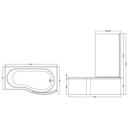 nuie B Shaped Shower Bath with Panel and Leg Se Right Hand