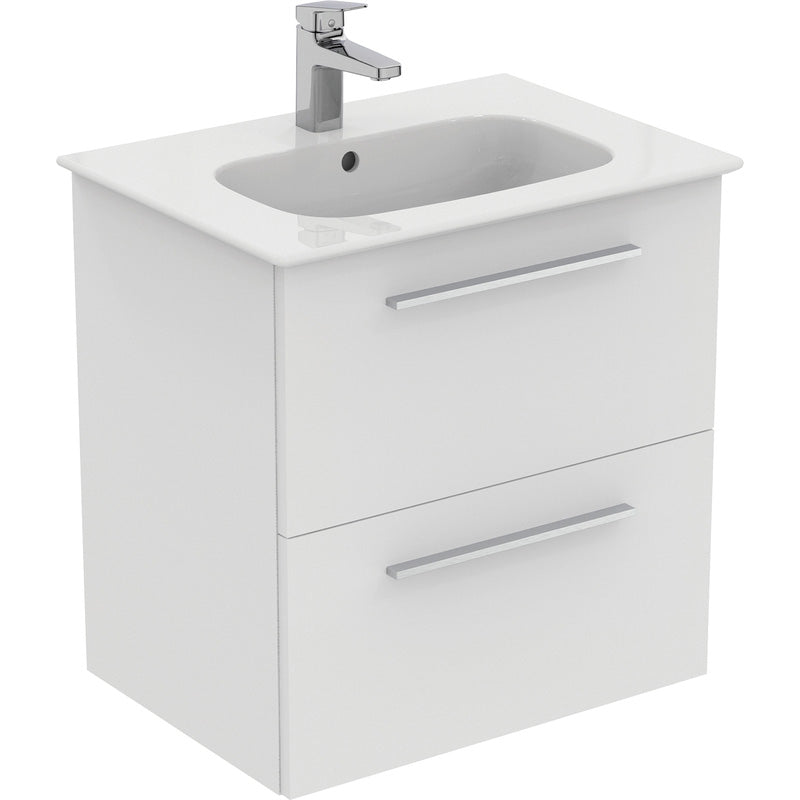 Ideal Standard i.life A Double Drawer Wall Hung Vanity Unit with Basin Matt White  with Brushed Chrome Handles