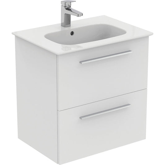 Ideal Standard i.life A Double Drawer Wall Hung Vanity Unit with Basin Matt White  with Brushed Chrome Handles