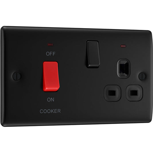 BG Nexus Metal Matt Black 45A Cooker Switch & 13A DP Switched Socket 2 Gang + Neons CCU
