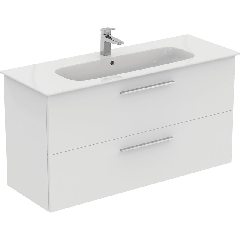 Ideal Standard i.life A Double Drawer Wall Hung Vanity Unit with Basin Matt White  with Brushed Chrome Handles