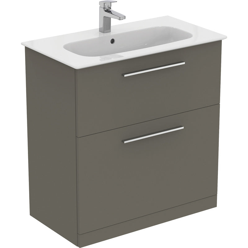 Ideal Standard i.life A Double Drawer Floor Standing Vanity Unit with Basin Matt Quartz Grey with Brushed Chrome Handles