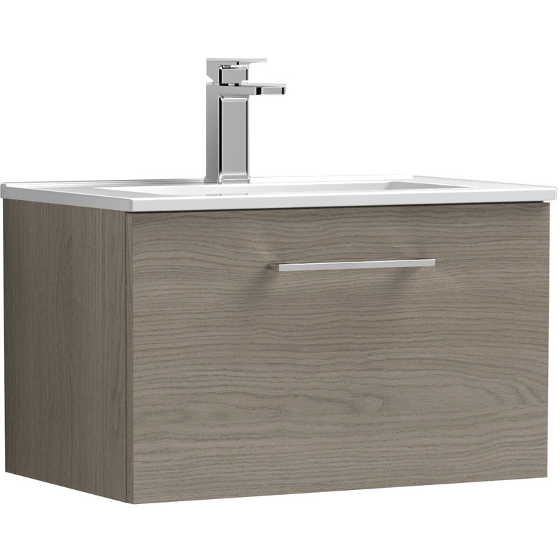 nuie Arno Single Drawer Wall Hung Vanity Unit Solace Oak 600mm With Minimalist Basin