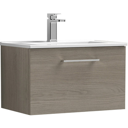 nuie Arno Single Drawer Wall Hung Vanity Unit Solace Oak 600mm With Minimalist Basin