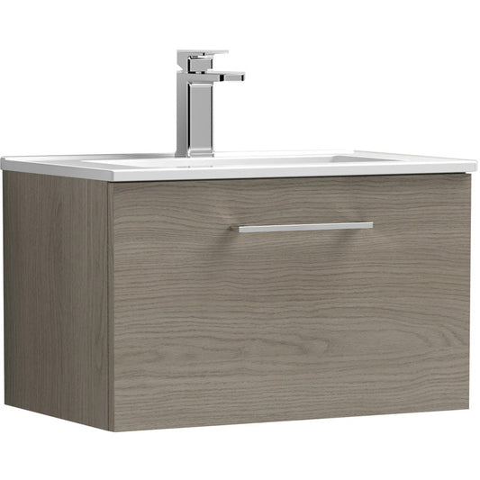 nuie Arno Single Drawer Wall Hung Vanity Unit Solace Oak 600mm With Minimalist Basin