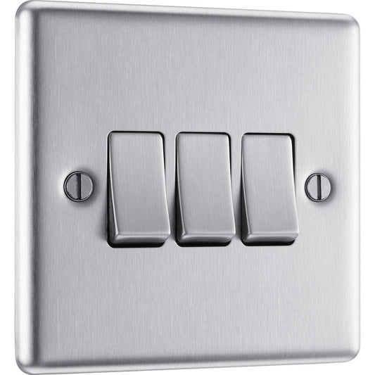 BG Brushed Steel Switch 3 Gang 2 Way 10A