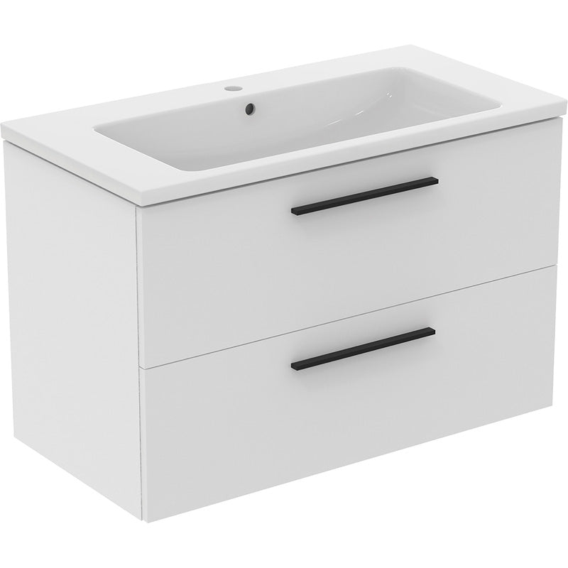 Ideal Standard i.life B Double Drawer Wall Hung Unit with Basin Matt White 1000mm with Matt Black Handles