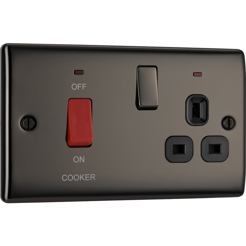 BG Nexus Metal Black Nickel 45A Cooker & DP Switch Socket 2 Gang + Neons