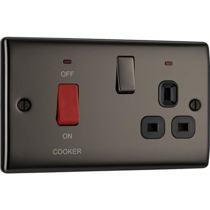 BG Nexus Metal Black Nickel 45A Cooker & DP Switch Socket 2 Gang + Neons