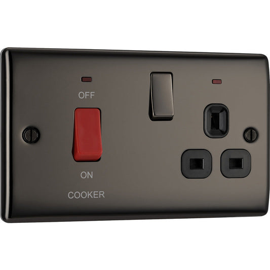 BG Nexus Metal Black Nickel 45A Cooker & DP Switch Socket 2 Gang + Neons