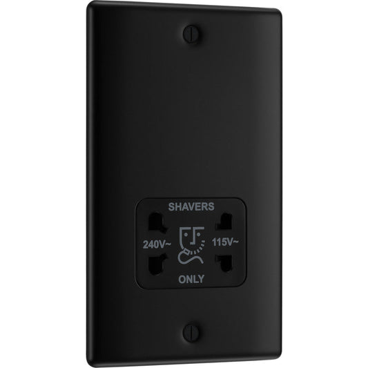 BG Nexus Metal Matt Black Dual Voltage 115/240V Shaver Socket 2 Gang Vertical