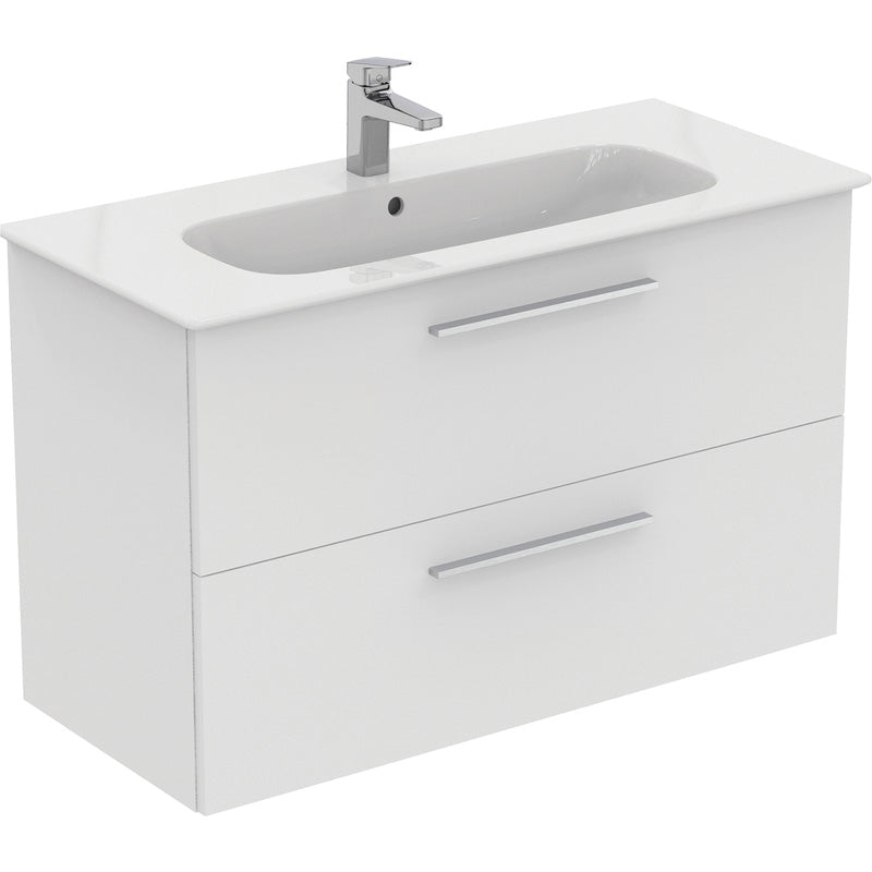 Ideal Standard i.life A Double Drawer Wall Hung Vanity Unit with Basin Matt White  with Brushed Chrome Handles