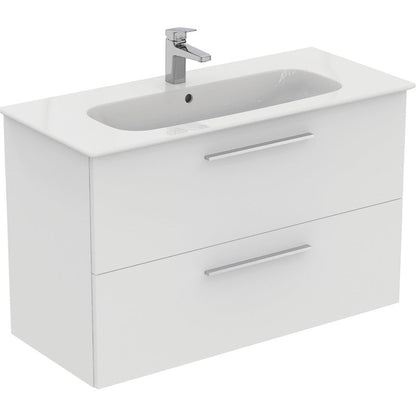 Ideal Standard i.life A Double Drawer Wall Hung Vanity Unit with Basin Matt White  with Brushed Chrome Handles