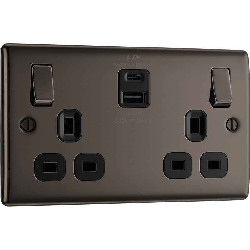 BG Nexus Metal Black Nickel Power Socket With USB A+C  2 Gang