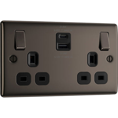 BG Nexus Metal Black Nickel Power Socket With USB A+C  2 Gang