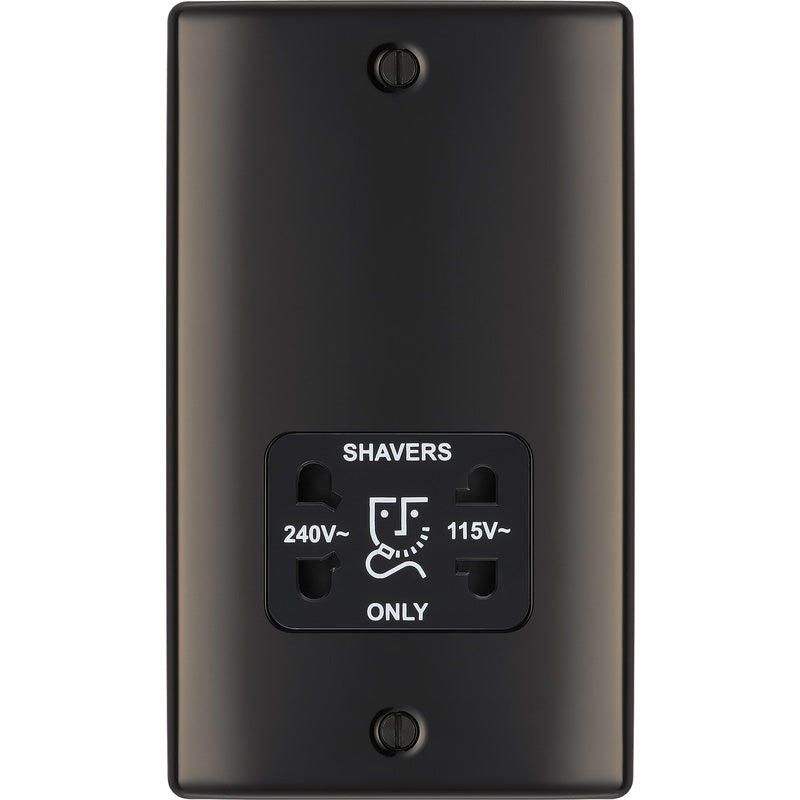 BG Nexus Metal Black Nickel Dual Voltage Shaver Socket 2 Gang Vertical