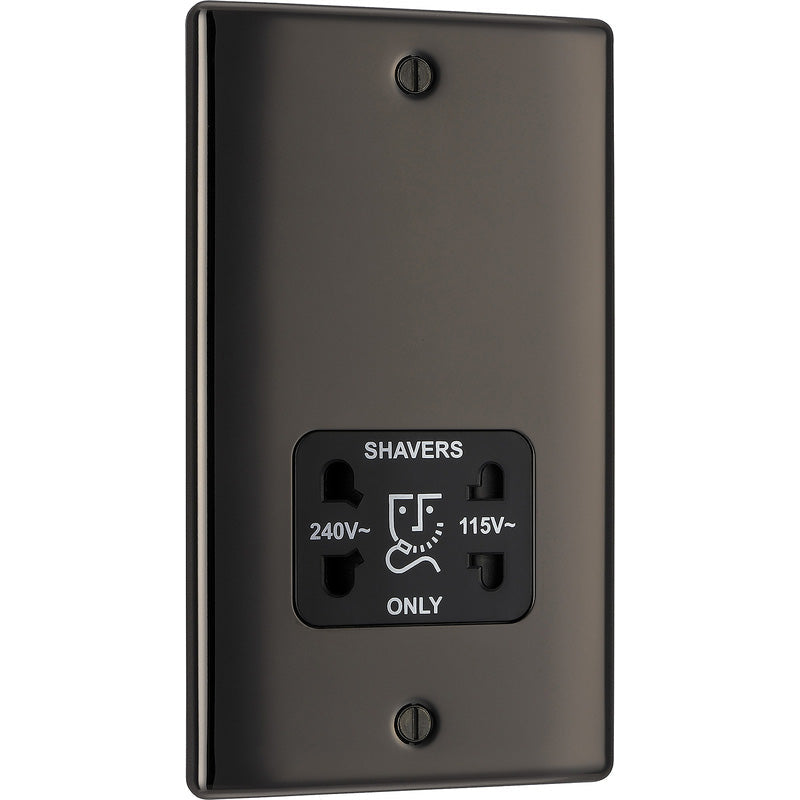 BG Nexus Metal Black Nickel Dual Voltage Shaver Socket 2 Gang Vertical