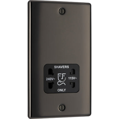 BG Nexus Metal Black Nickel Dual Voltage Shaver Socket 2 Gang Vertical