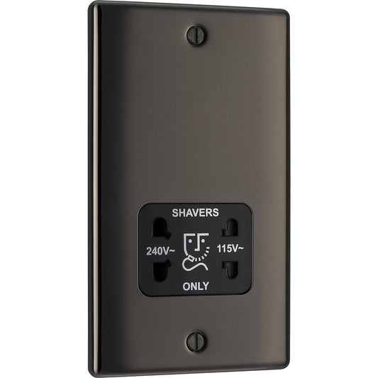 BG Nexus Metal Black Nickel Dual Voltage Shaver Socket 2 Gang Vertical