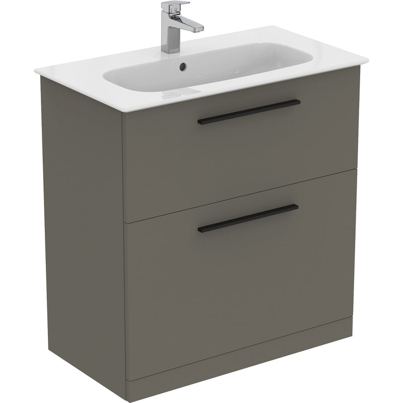 Ideal Standard i.life A Double Drawer Floor Standing Vanity Unit with Basin Matt Quartz Grey  with Matt Black Handles