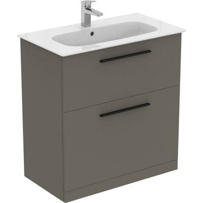 Ideal Standard i.life A Double Drawer Floor Standing Vanity Unit with Basin Matt Quartz Grey  with Matt Black Handles