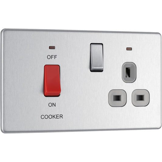 Screwless Brushed Steel 45A Cooker Control Switch & Socket – Dual Neon